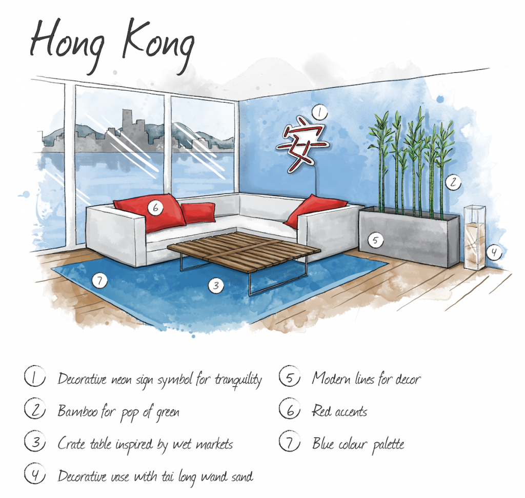 Hand drawn illustration of Hong Kong home interior