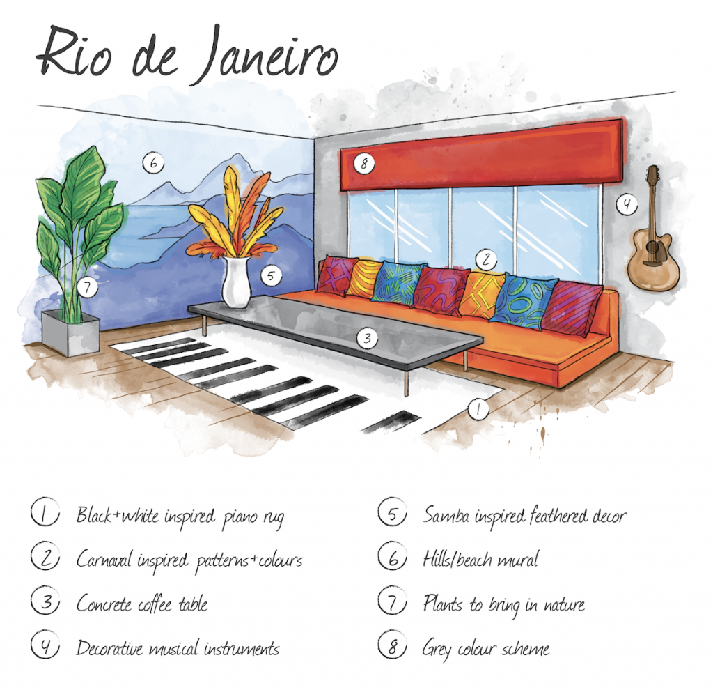 Hand drawn illustration of Rio de Janeiro home interior