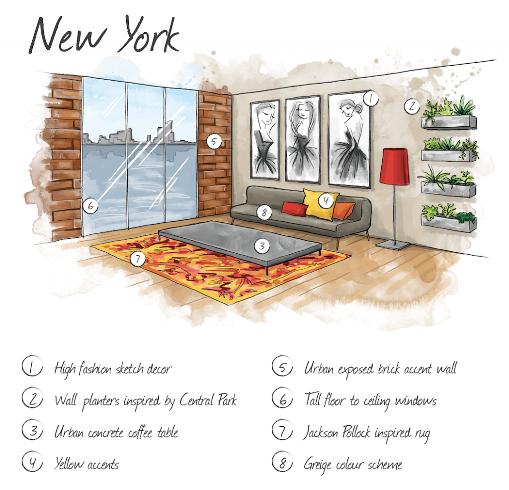 Hand drawn illustration of New York home interior