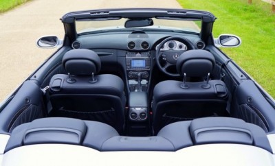 Interior of a convertable car with black leather