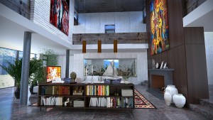 Spacious living area with a centre bookshelf and paintings on the wall