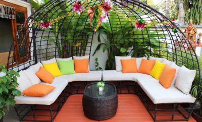 Outdoor sofa with bright coloured cushions