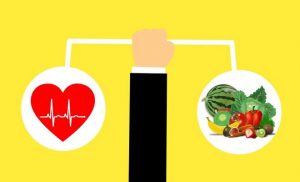 yellow background of a hand balancing a heart and a plate of healthy food