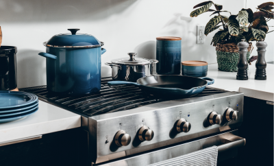 kitchen with blue appliances