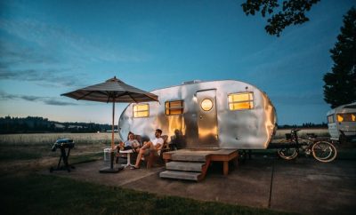 caravan, couple camping