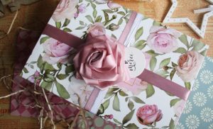 A wrapped present in flower print paper