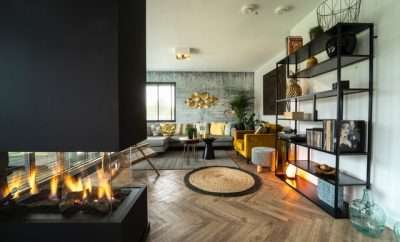 Modern living room with fire place