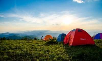 Camping in a tent in the mountain