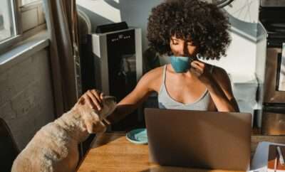 Woman having a cup of coffee while at her desk patting dog and working in her laptop