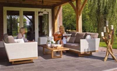 Outdoor patio with two women socialising