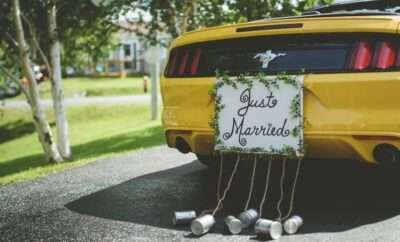 Mustang with a sign JUST MARRIED