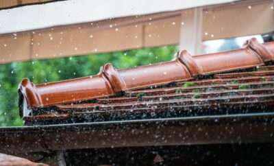 Tiled roof with rain falling on it